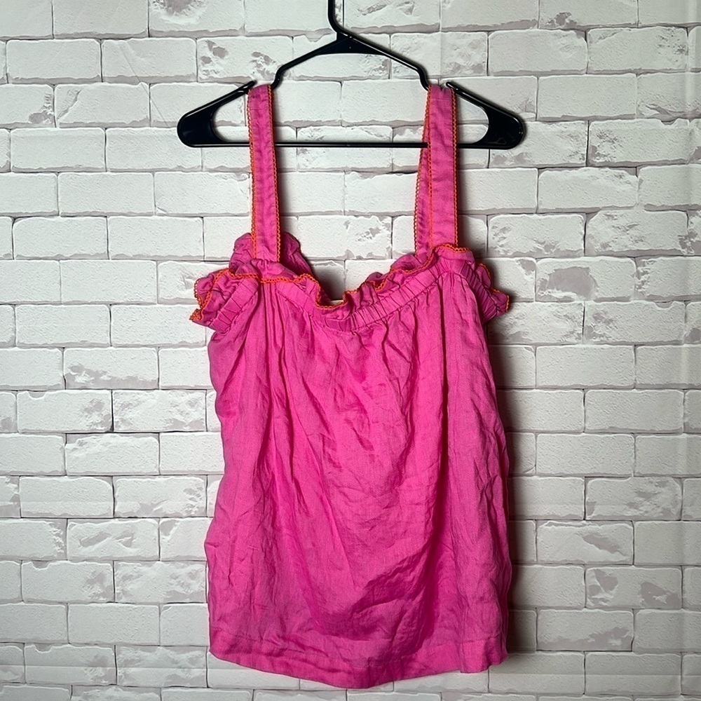 Boden womens 100% linen tank top Pink and Orange Scallop Trim Detail Elastic 16